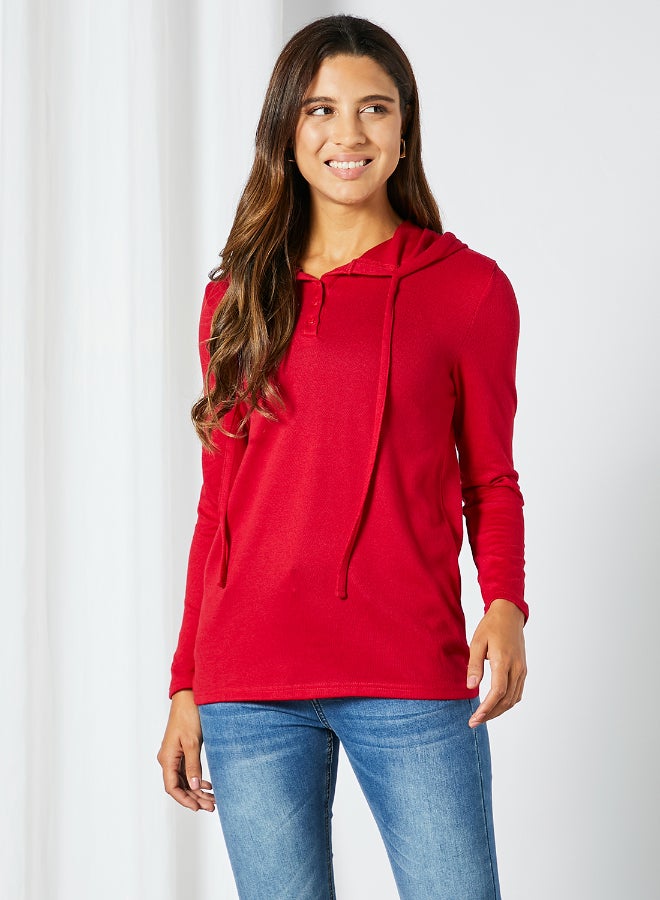 Solid Pattern Fine Knitted Button Detail Drawstring Hoodie Red