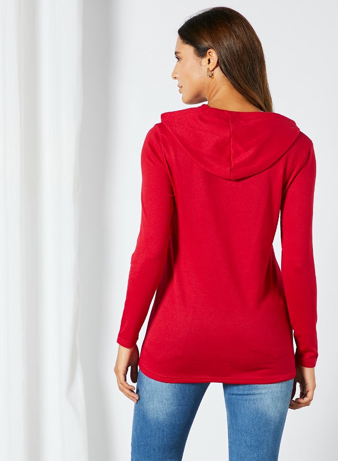 Solid Pattern Fine Knitted Button Detail Drawstring Hoodie Red