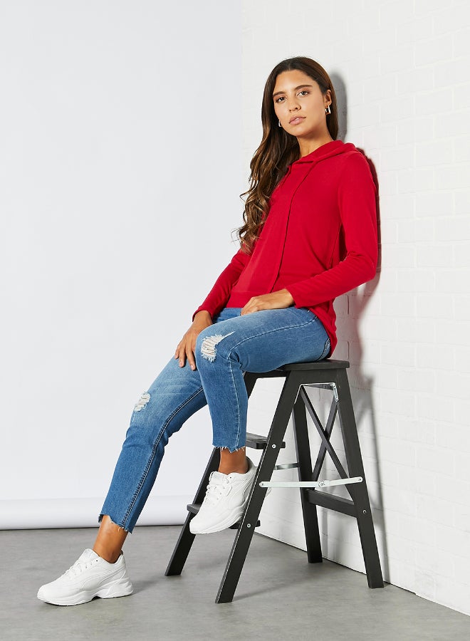 Solid Pattern Fine Knitted Button Detail Drawstring Hoodie Red