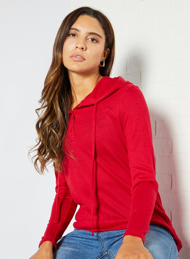 Solid Pattern Fine Knitted Button Detail Drawstring Hoodie Red