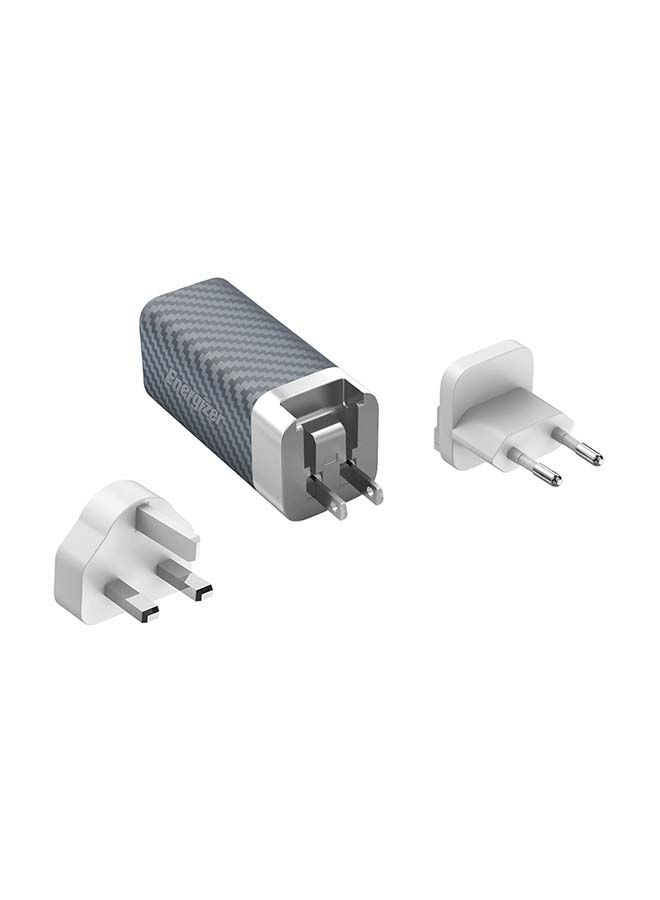 محول USB-C النهائي بقدرة 65 وات لأجهزة الكمبيوتر المحمولة وأجهزة الألعاب والأجهزة اللوحية والهواتف الذكية، توصيل الطاقة، منافذ USB-A من النوع C، مقابس متعددة، دبابيس الولايات المتحدة/المملكة المتحدة/الولايات المتحدة فضي