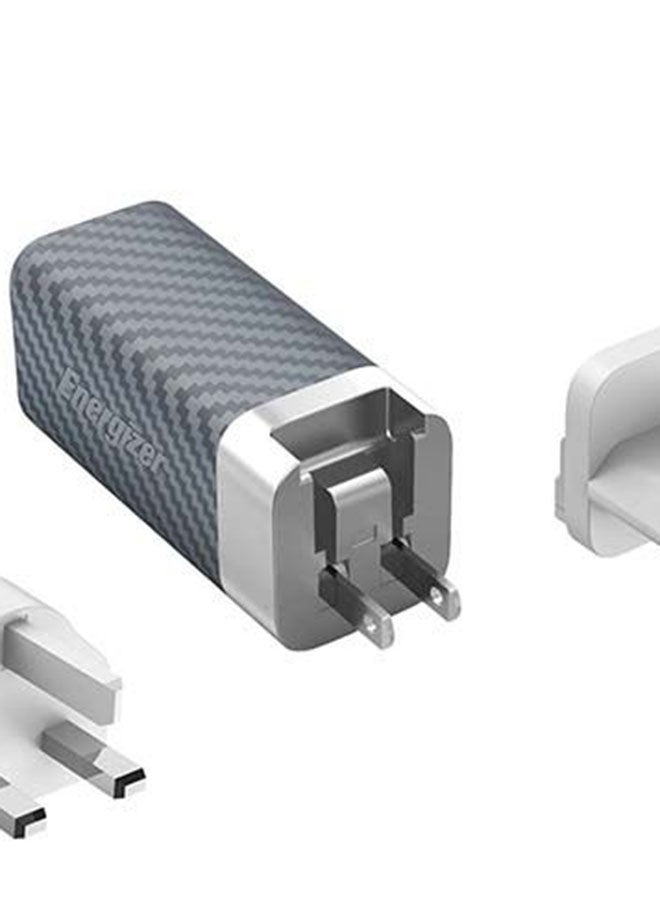 محول USB-C النهائي بقدرة 65 وات لأجهزة الكمبيوتر المحمولة وأجهزة الألعاب والأجهزة اللوحية والهواتف الذكية، توصيل الطاقة، منافذ USB-A من النوع C، مقابس متعددة، دبابيس الولايات المتحدة/المملكة المتحدة/الولايات المتحدة فضي