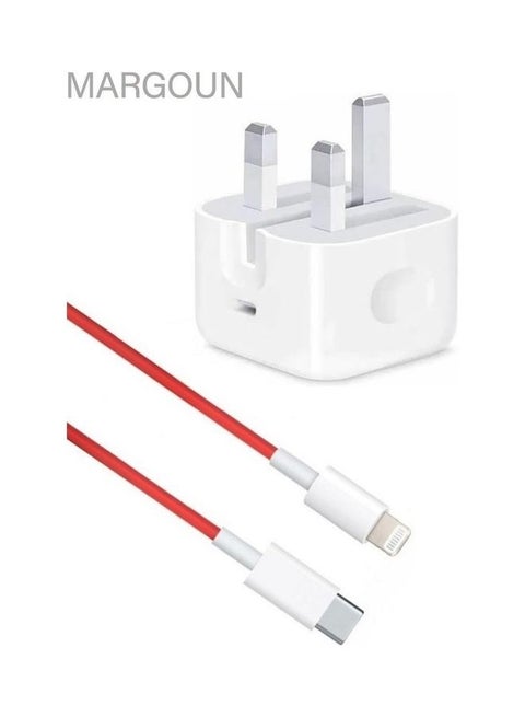 USB-C 20W Power Adapter with Lightning to USB-C Cable 1m for iPhone 14 Series Wall Charger Travel Adapter with Foldable Pins White/Red