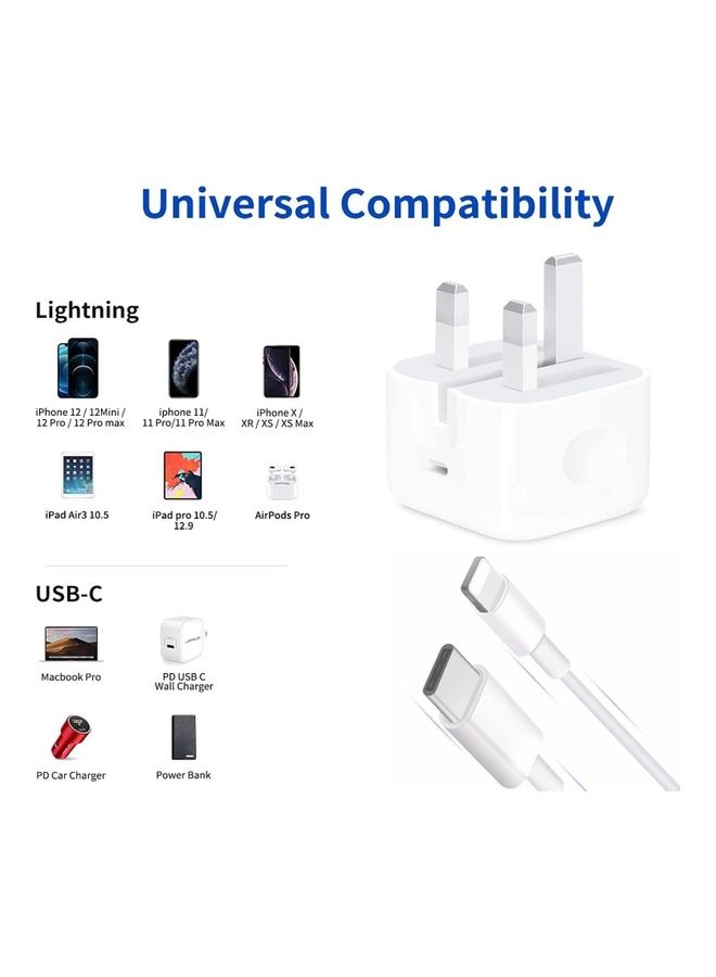 MARGOUN - USB-C 20W Wall Charger Power Adapter with Lightning to USB-C Cable 1m Fast Charge Travel Adapter with Foldable Pins White - Image 1