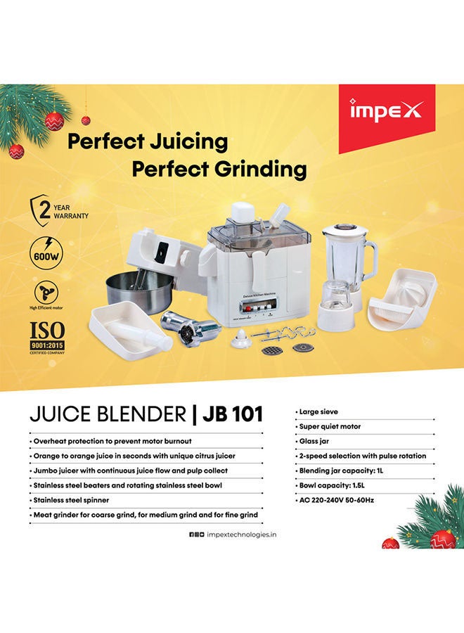 Impex - 10 in 1 Food Processor For Kitchen With Mixer Grinder, Juicer & Chopper,600W Motor,2 Speed Setting with Pulse Function 1.5 L 600 W JB 101 White - Image 1