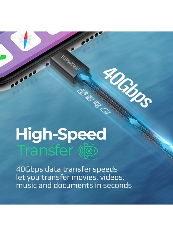 بروميت كابل آيفون 15، كابل USB4 فائق السرعة بسرعة 40 جيجابت في الثانية، 1 متر أسود أسود  - Image 4