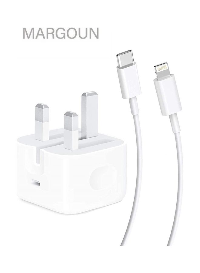 MARGOUN - USB-C 20W Power Adapter with Lightning to USB-C Cable 1m for iPhone 14 Series Wall Charger Travel Adapter with Foldable Pins White - Image 1