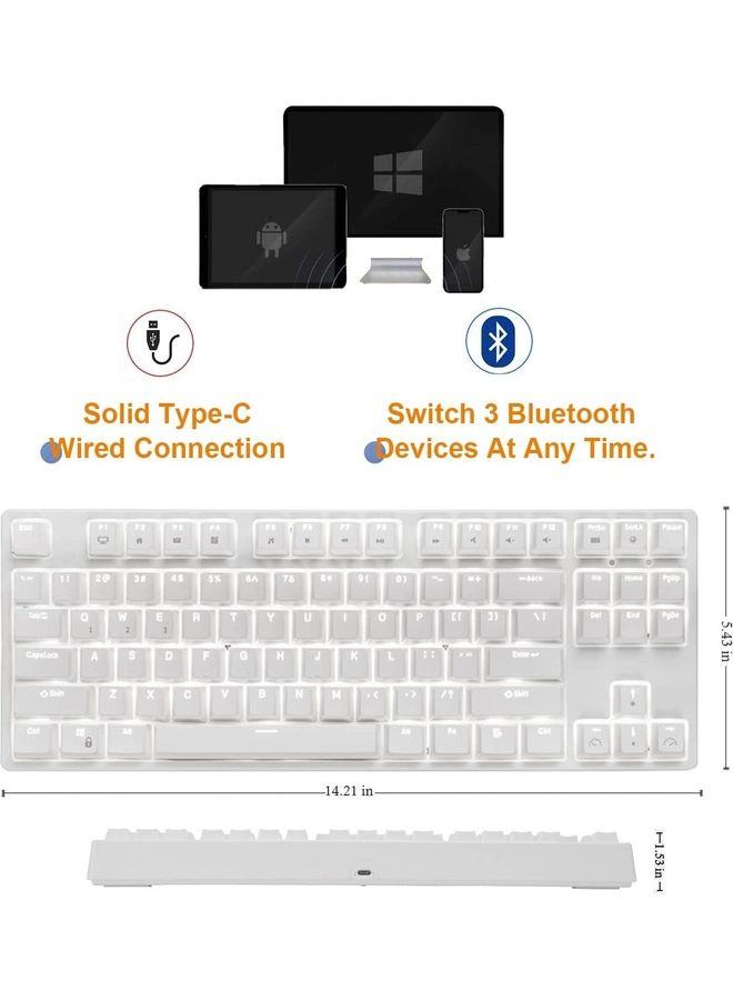 RK987 Hot-Swappable Mechanical Keyboard Brown Switch 87 Keys White LED Backlight Tenkeyless Gaming Keyboard, 3 Mode 2.4G/Wired/Wireless Bluetooth Gaming/Office -White