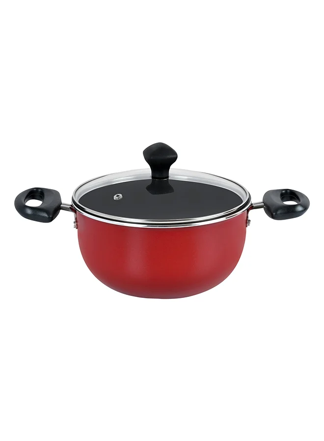 Prestige 7-Piece Non-Stick Cast Aluminium Cookware Set Includes 1x Sauce Pan With Lid, 1x Small Casserole With Lid ,1x Large Casserole With Lid, 1x Fry Pan Red/Black 16,20,24,24cm