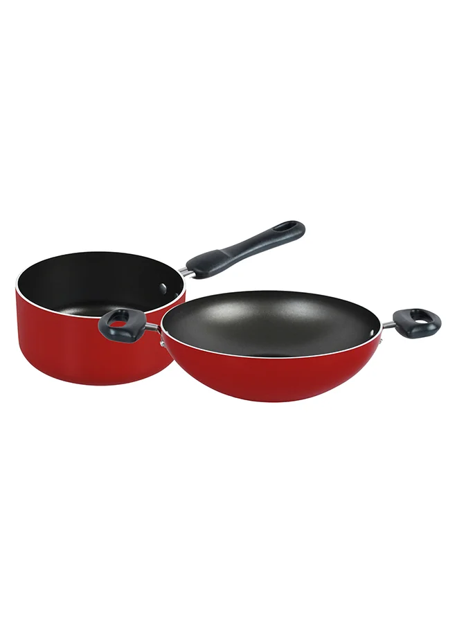 Prestige 9-Piece Aluminium Non-Stick Coating Durable Design Non-Slip Ergonomic Handle Kitchen Cookware Set Includes 1xMilk Pan 14 cm, 1xCasserole With Lid 20 cm, 1xCovered With Lid, 1xSkillet 24 cm, 1xWok 26 cm, 1xSolid Spoon And 1xSlotted Turner Red