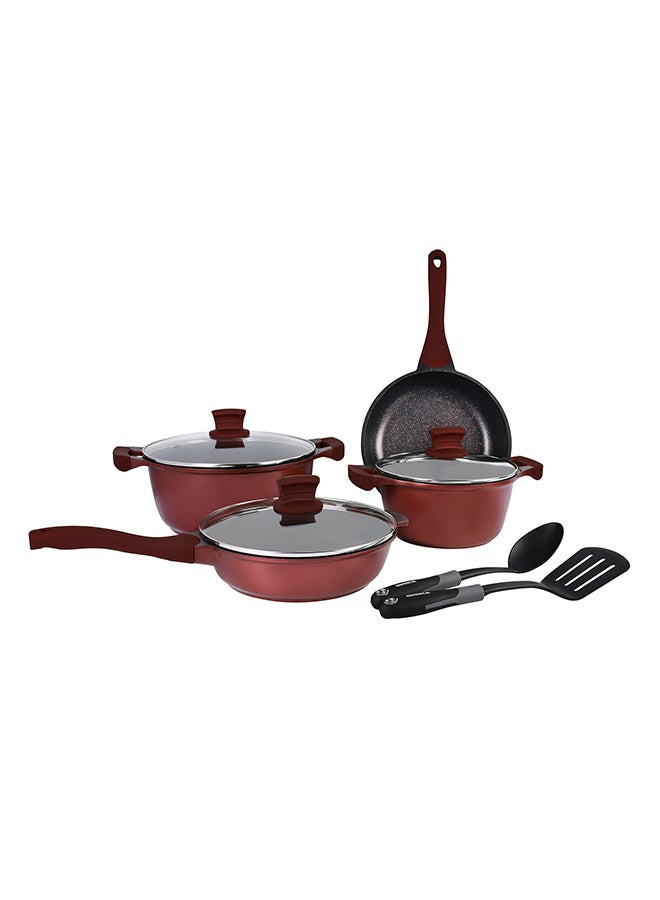 Winsor 9-Piece Non-Stick Cast Aluminium Granite Cookware Set Includes Casserole (2x20,26), Frying Pan (24)cm Burgundy/Clear/Black 24cm  - Image 1