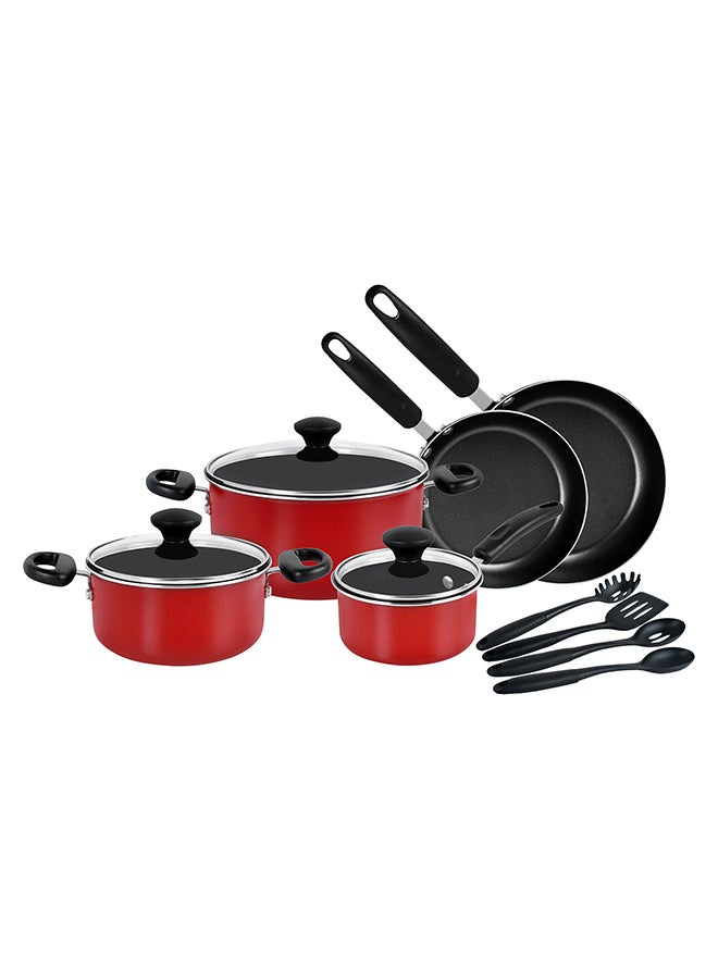 12-Piece Aluminium Non Stick Interior Durable & Light Weight Cookware Set Includes 14cm Saucepan With Lid, 18cm Sauce Pot With Lid, 24cm Dutch Oven With Lid, 20cm Fry Pan, 24cm Fry Pan, 4Pieces Kitchen Tools Red/Black 