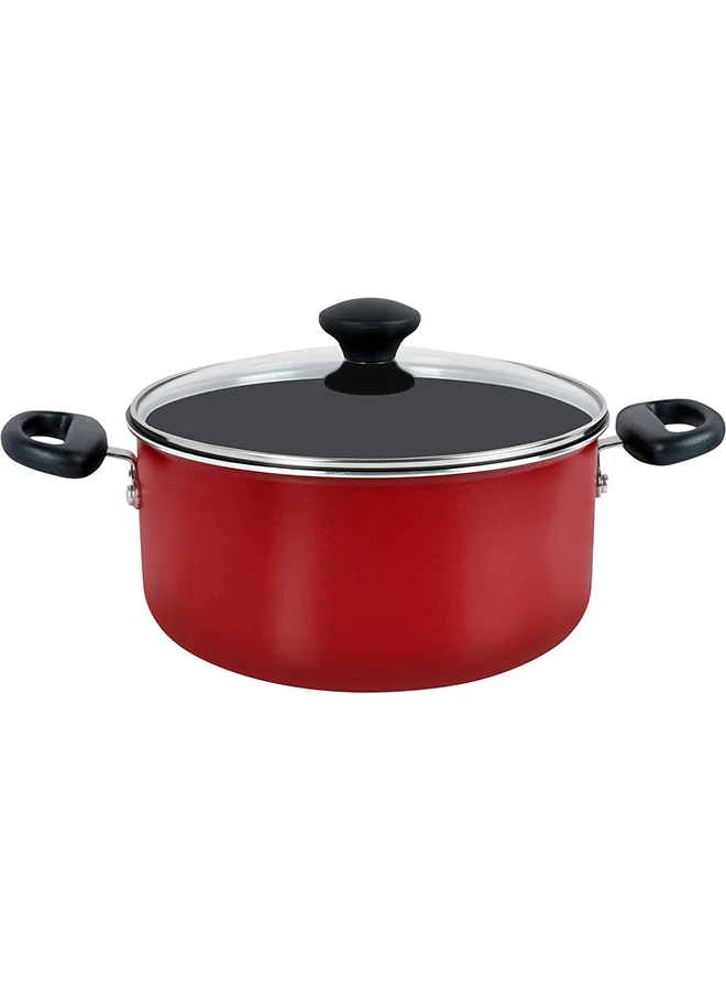 Prestige 12-Piece Aluminium Non Stick Interior Durable & Light Weight Cookware Set Includes 14cm Saucepan With Lid, 18cm Sauce Pot With Lid, 24cm Dutch Oven With Lid, 20cm Fry Pan, 24cm Fry Pan, 4Pieces Kitchen Tools Red