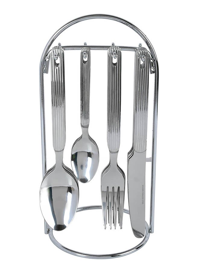 24-Piece Striped Handle Cutlery Set With Stand Silver 