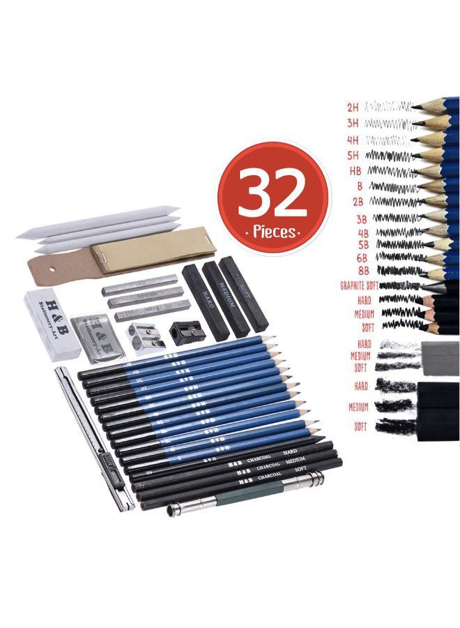 H&B - 32-Piece Professional Drawing Sketch Pencil Kit Blue/Black - Image 1
