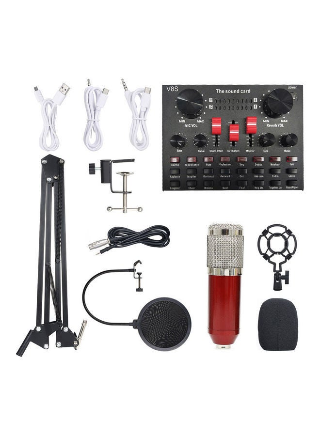مجموعة معدات تسجيل صوتية BM800 متعددة الوظائف, لوحة صوت بث مباشر وميكروفون بلون (أحمر وفضي) - Image 1