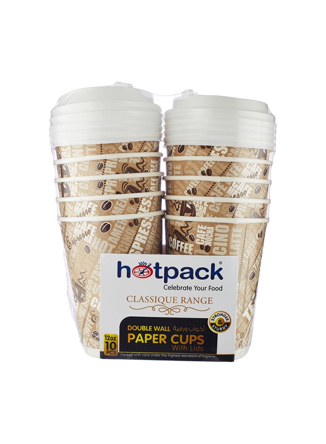 Hotpack Double Wall Cup with Lid, 12 Oz, 10 pieces Brown/White - Image 1