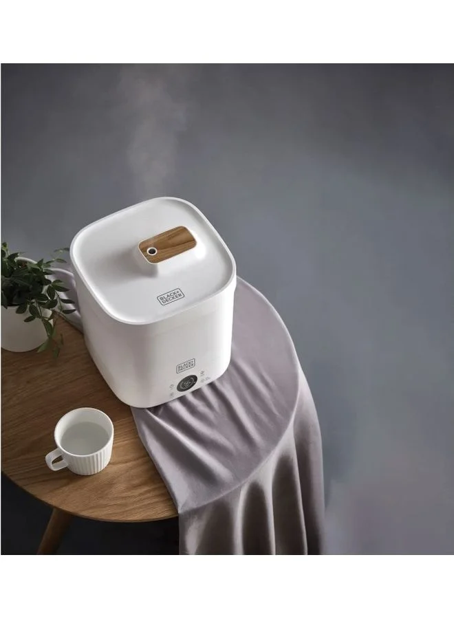 BLACK+DECKER Digital Humidifier, Capacity for Large Rooms up to 40m2, Touch Control, LED Display, Warm Mist, Auto Shutoff, Easy Clean Square Tank, Modern Wooden Finish, HM4250-B5 White
