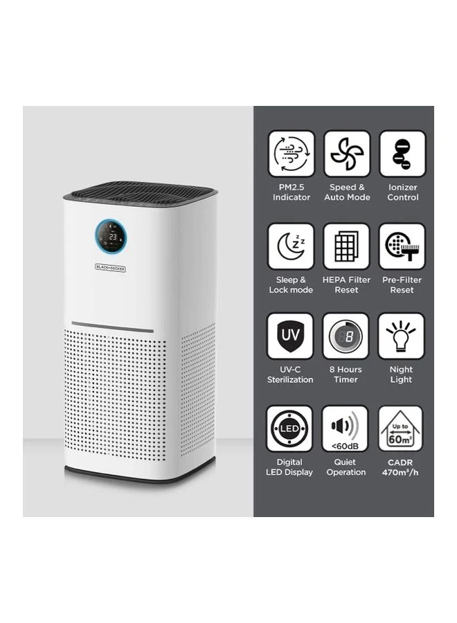 BLACK+DECKER Air Purifier High Performance For Rooms Size Upto 60m² Removes House Dust/Aerosols And Uncomfortable Smell AP3560-B5 White/Black