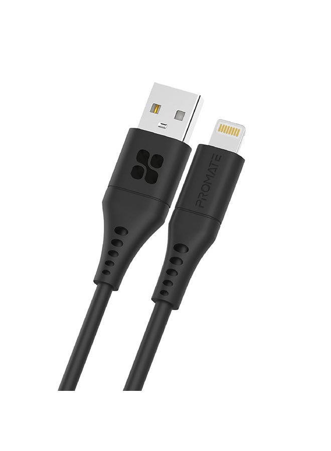 PROMATE Ultra-Fast USB-A to Lightning Soft Silicon Cable 2M Black  - Image 1