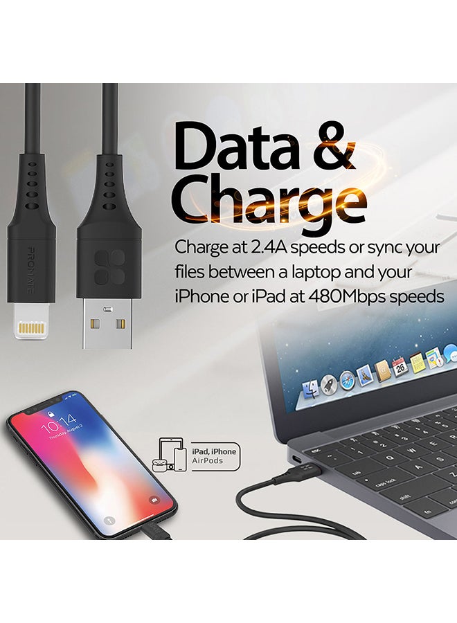 PROMATE Ultra-Fast USB-A to Lightning Soft Silicon Cable 2M Black  - Image 5