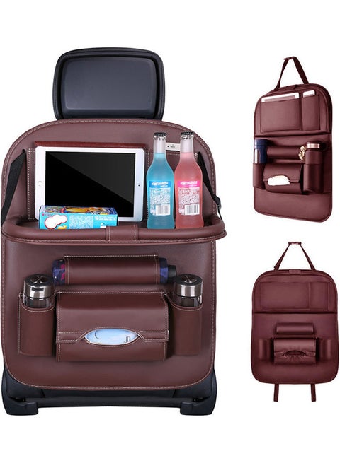 Leather Car Seat Back Storage Bag With Foldable Table Tray