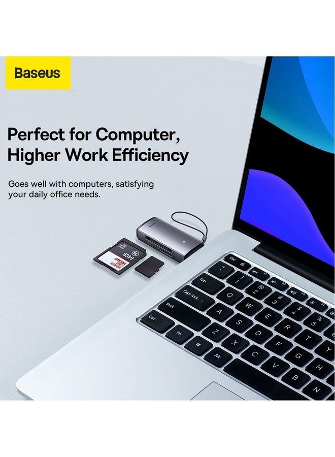 بيسوس - محول قارئ بطاقة SD محمول بمنفذ USB 3.0 بفتحة مزدوجة وبطاقة ذاكرة فلاش لبطاقة SD وTF ومايكرو SD وSDXC وSDHC وMMC وRS-MMC ومايكرو SDXC ومايكرو SDHC وUHS-I لأجهزة ماك والكمبيوتر وويندوز ولينكس وكروم واللابتوب لون رمادي - Image 1