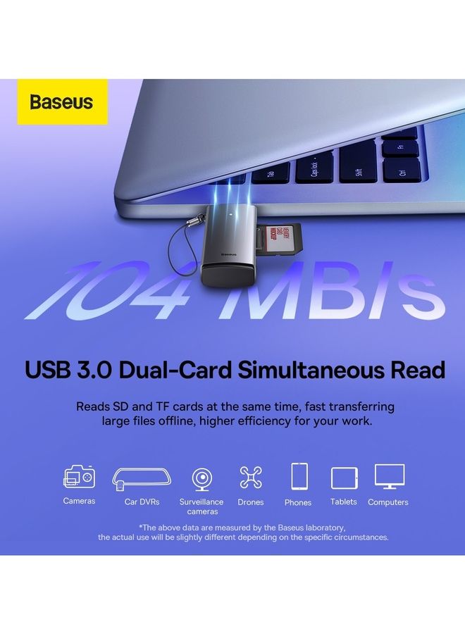 بيسوس - محول قارئ بطاقة SD محمول بمنفذ USB 3.0 بفتحة مزدوجة وبطاقة ذاكرة فلاش لبطاقة SD وTF ومايكرو SD وSDXC وSDHC وMMC وRS-MMC ومايكرو SDXC ومايكرو SDHC وUHS-I لأجهزة ماك والكمبيوتر وويندوز ولينكس وكروم واللابتوب لون رمادي - Image 1