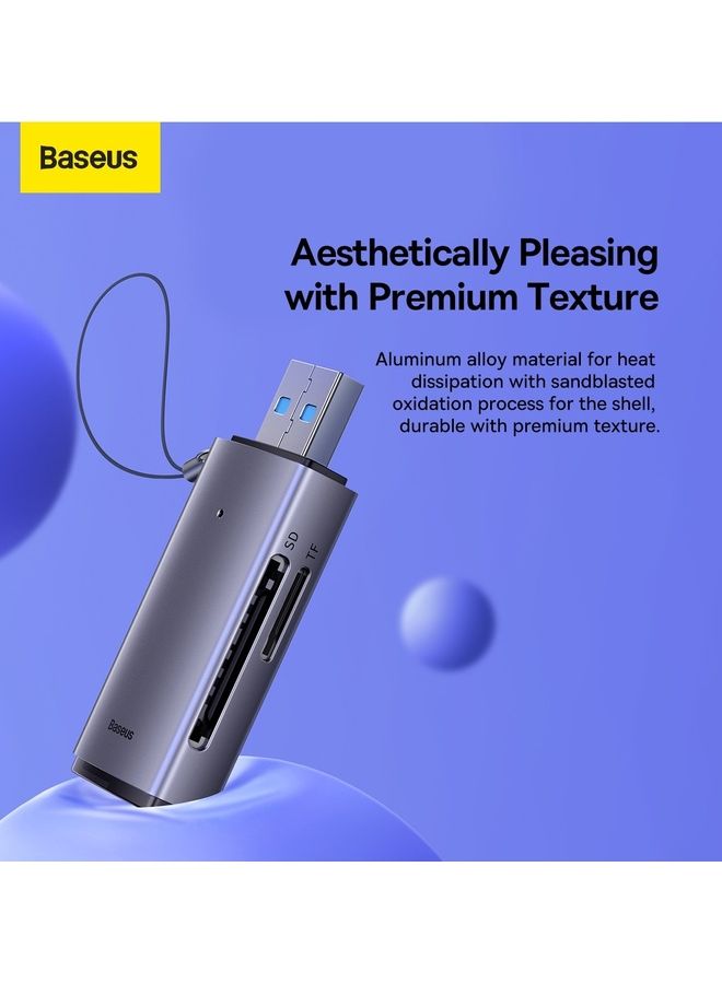 بيسوس - محول قارئ بطاقة SD محمول بمنفذ USB 3.0 بفتحة مزدوجة وبطاقة ذاكرة فلاش لبطاقة SD وTF ومايكرو SD وSDXC وSDHC وMMC وRS-MMC ومايكرو SDXC ومايكرو SDHC وUHS-I لأجهزة ماك والكمبيوتر وويندوز ولينكس وكروم واللابتوب لون رمادي - Image 1