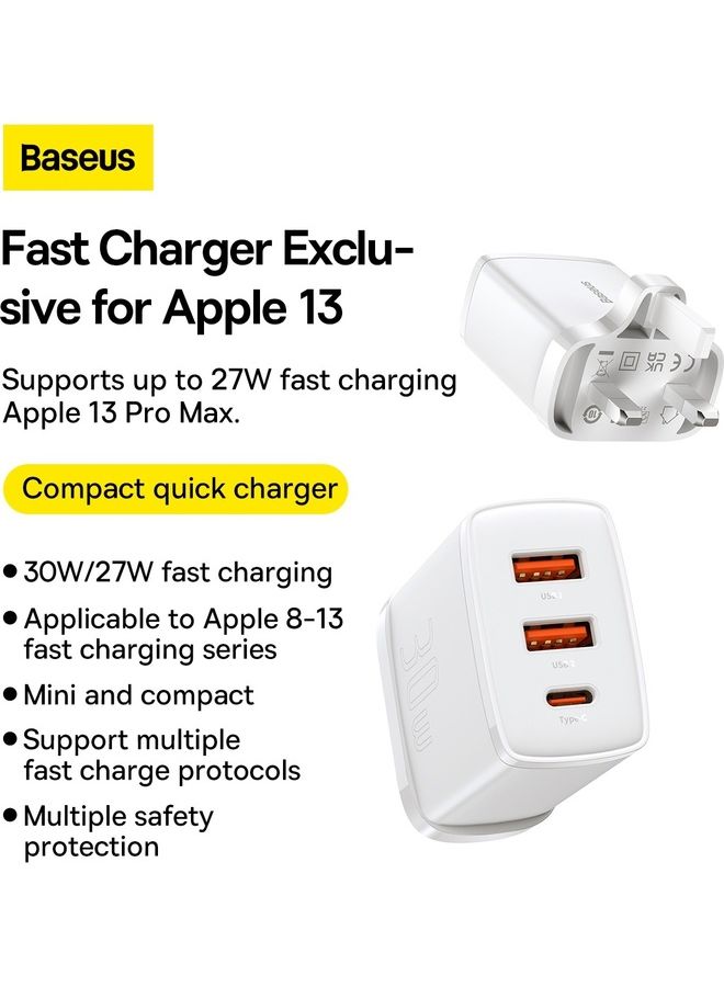 Baseus USB C Charger Plug, 30W USB Charger 3-Port Multi USB Charger Fast Charging Type C PD Power Adapter for Samsung S21, S23, S22 Ultra, S10, A13, iPhone 15/14/13/12/11 Pro Max/ XR/ 8, iPad, Google Pixel White - Image 2