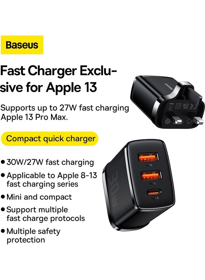 Baseus USB C Charger Plug, 30W USB Charger 3-Port Multi USB Charger Fast Charging Type C PD Power Adapter for Samsung S21, S23, S22 Ultra, S10, A13, iPhone 15/14/13/12/11 Pro Max/ XR/ 8, iPad, Google Pixel Black  - Image 2