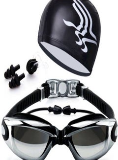 Generic Hd Waterproof Swimming Goggles And Swimming Cap With Goggles Frame Plating Black  - Image 2