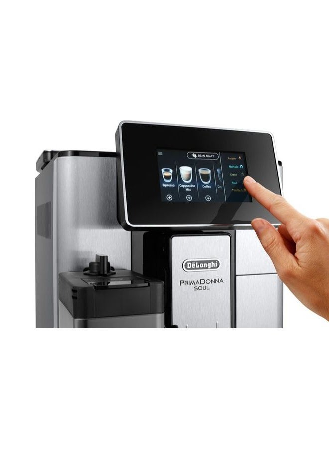 De'Longhi - PrimaDonna Soul, 19 Bar, Digital Display, Fully Automatic Coffee Machine, Automatic Milk Frother, Built In Grinder, 2 L 1450 W ECAM610.75.MB Silver - Image 1