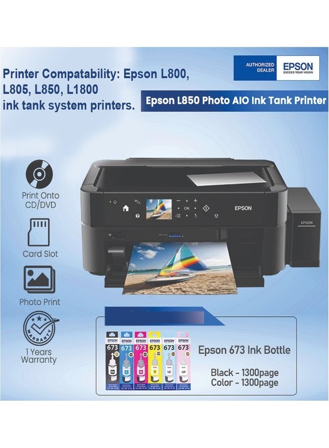 EPSON - Original T673 Series Full Set For Printer L800, L805,L810,L850,L1800 Black/Cyan/Magenta/Yellow/Light Cyan/Light Magenta - Image 1