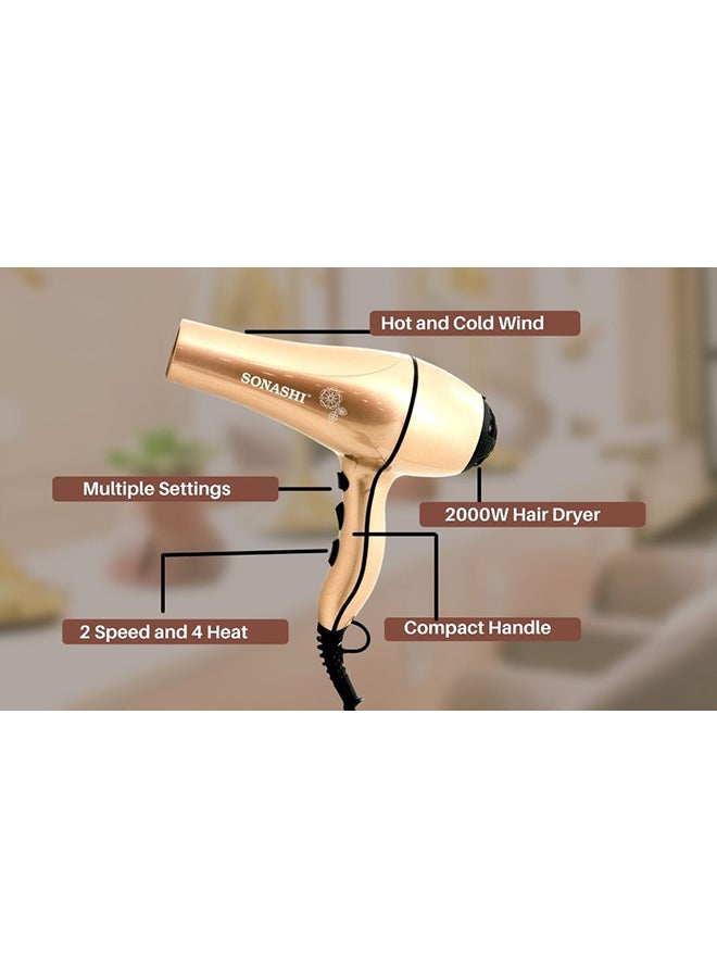 SONASHI - 2000W Hair Dryer, Built-in 2 Speed And 4 Heat Airflow Settings with Cool Shot Function | AC Motor with Cold and Hot Wind Feature | Stylish Lightweight Design For Comfort Use Gold - Image 1
