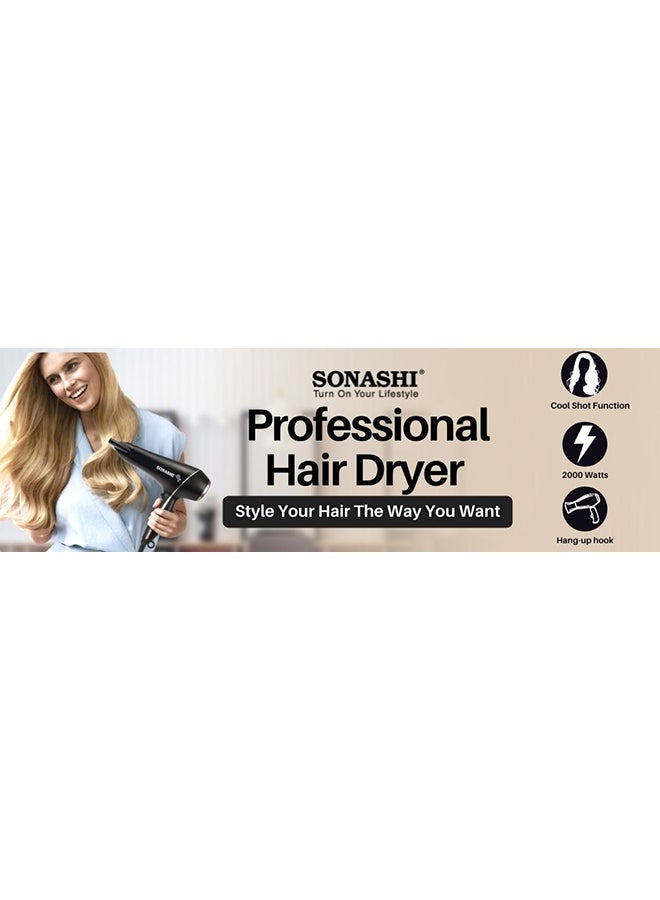 SONASHI - HighSpeed Hair Dryer  2000W Power And Cool Shot Function  DC Motor  3 Heat And 2 Speed Settings With Lightweight Body  Hair Dryer for BeginnersProfessionals  Hair Tool  SHD-5004 Black/ Gold 9.8 x 27.2 x 24.4cm - Image 1