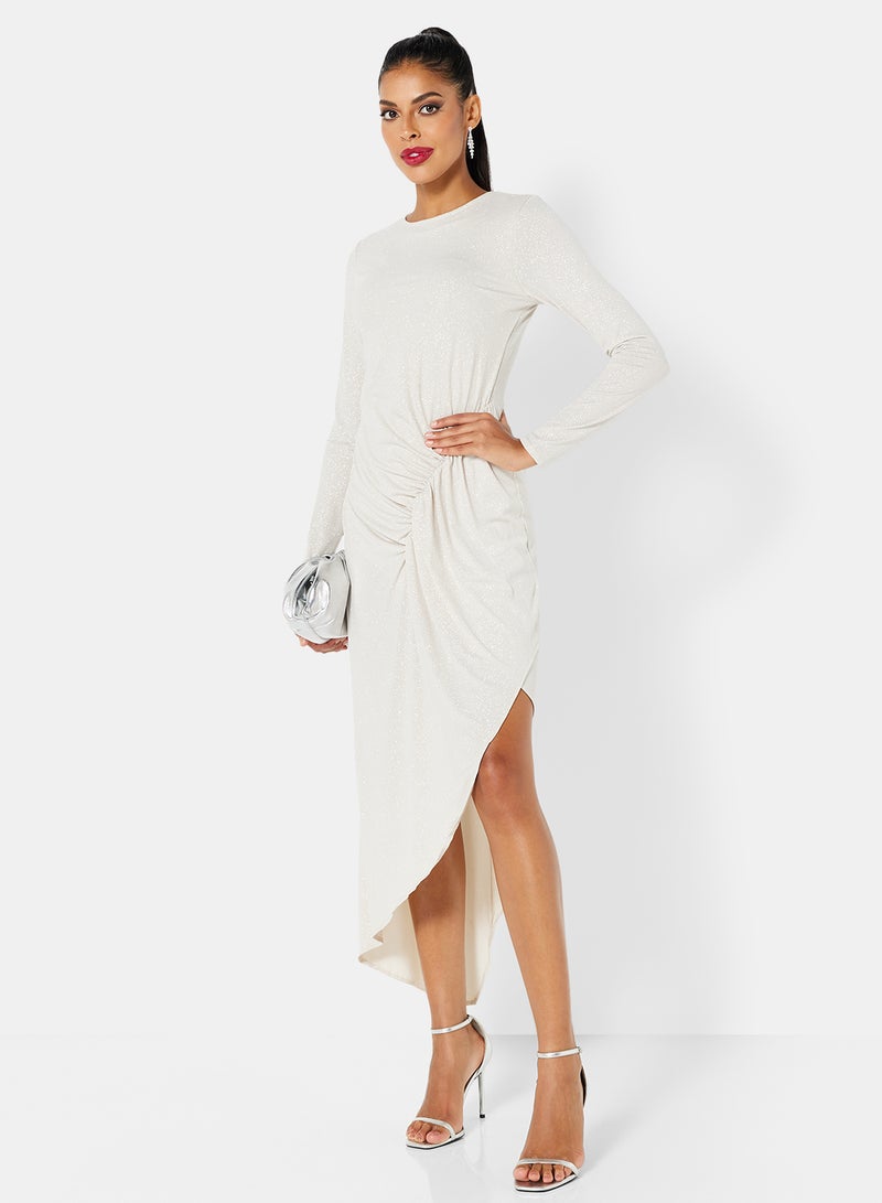 SIVVI for HANIYA Asymmetric Hem Ruched Front Dress Silver  - Image 4