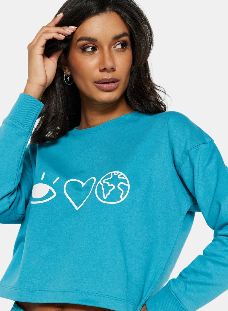 Sivvi x D'Atelier - Eco-Friendly Graphic Long Sleeve Loungewear T-Shirt Pagoda Blue - Image 1