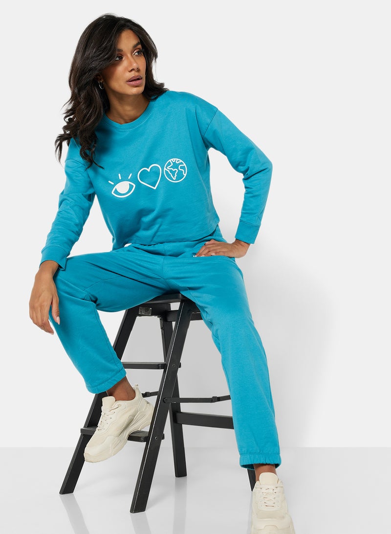 Sivvi x D'Atelier - Eco-Friendly Graphic Long Sleeve Loungewear T-Shirt Pagoda Blue - Image 1