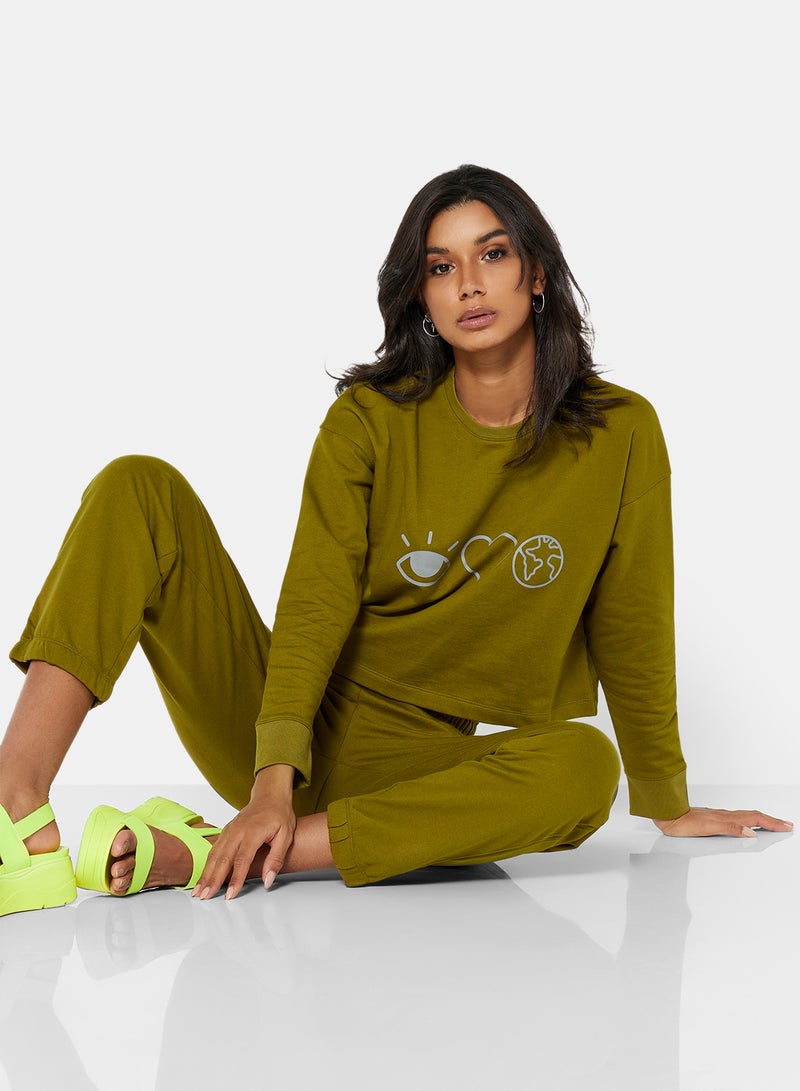 Sivvi x D'Atelier - Eco-Friendly Graphic Long Sleeve Loungewear T-Shirt Khaki - Image 1