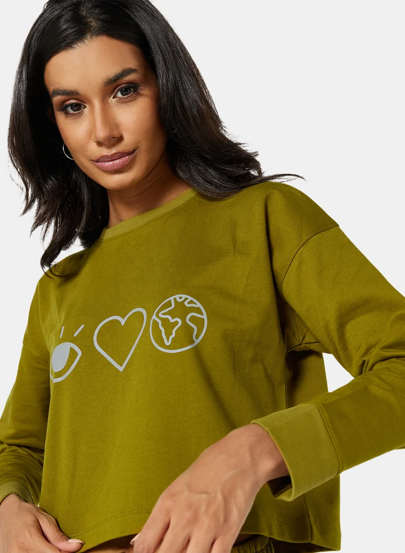 سيفي x دي‘اتيلير Eco-Friendly Graphic Long Sleeve Loungewear T-Shirt Khaki