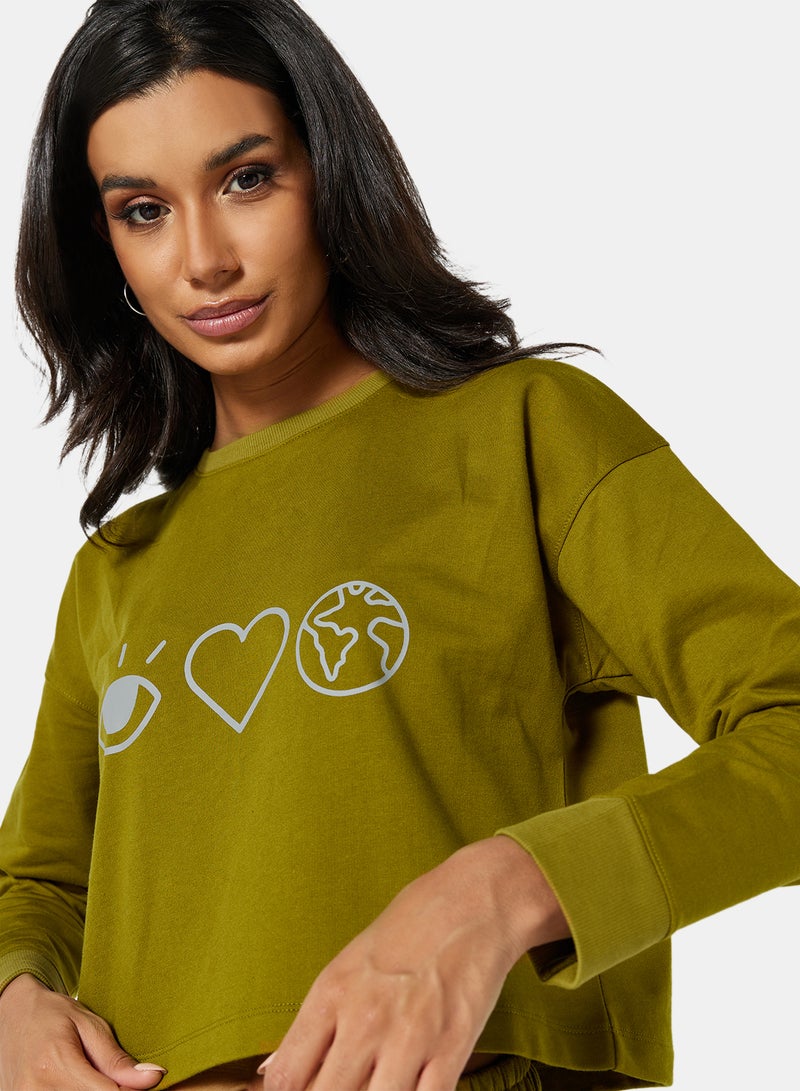 Sivvi x D'Atelier - Eco-Friendly Graphic Long Sleeve Loungewear T-Shirt Khaki - Image 1