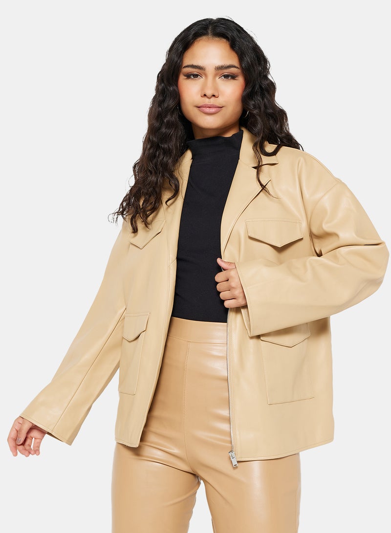 NA-KD - Faux Leather Jacket Beige - Image 1