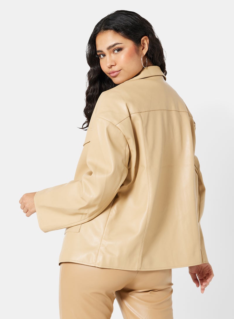NA-KD - Faux Leather Jacket Beige - Image 1