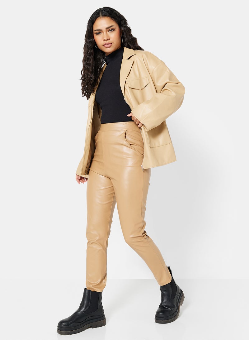 NA-KD - Faux Leather Jacket Beige - Image 1