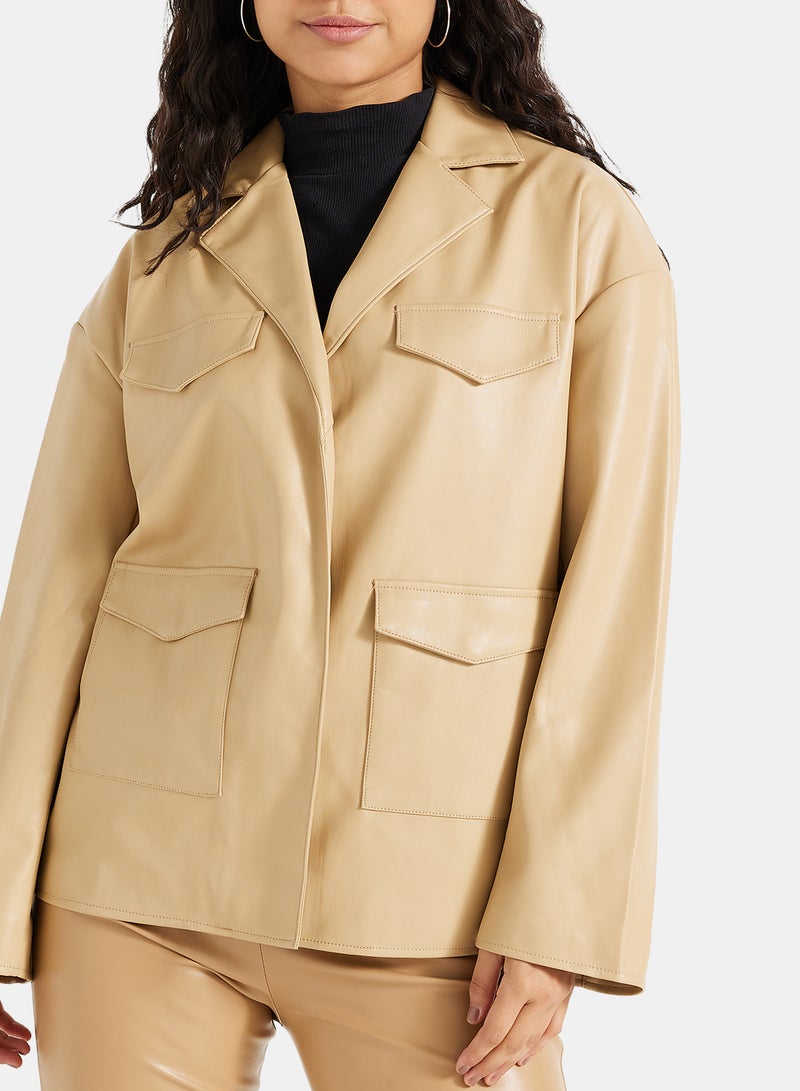 NA-KD - Faux Leather Jacket Beige - Image 1