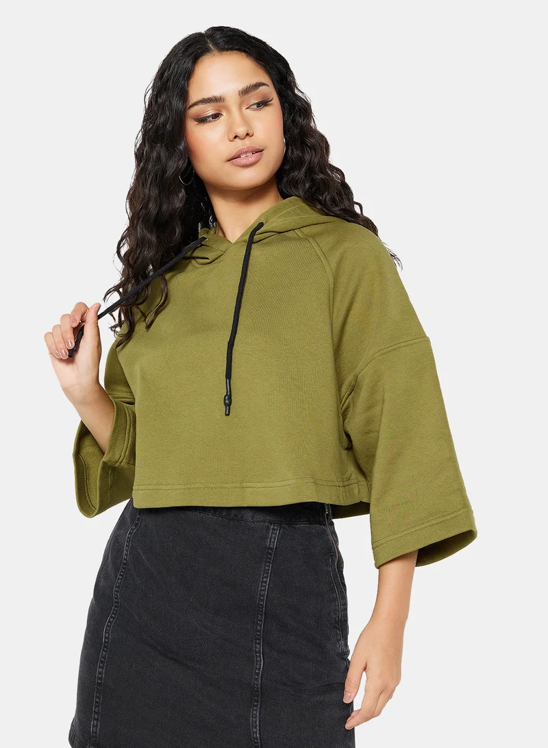 NA-KD Half-Sleeve Cropped Hoodie Green
