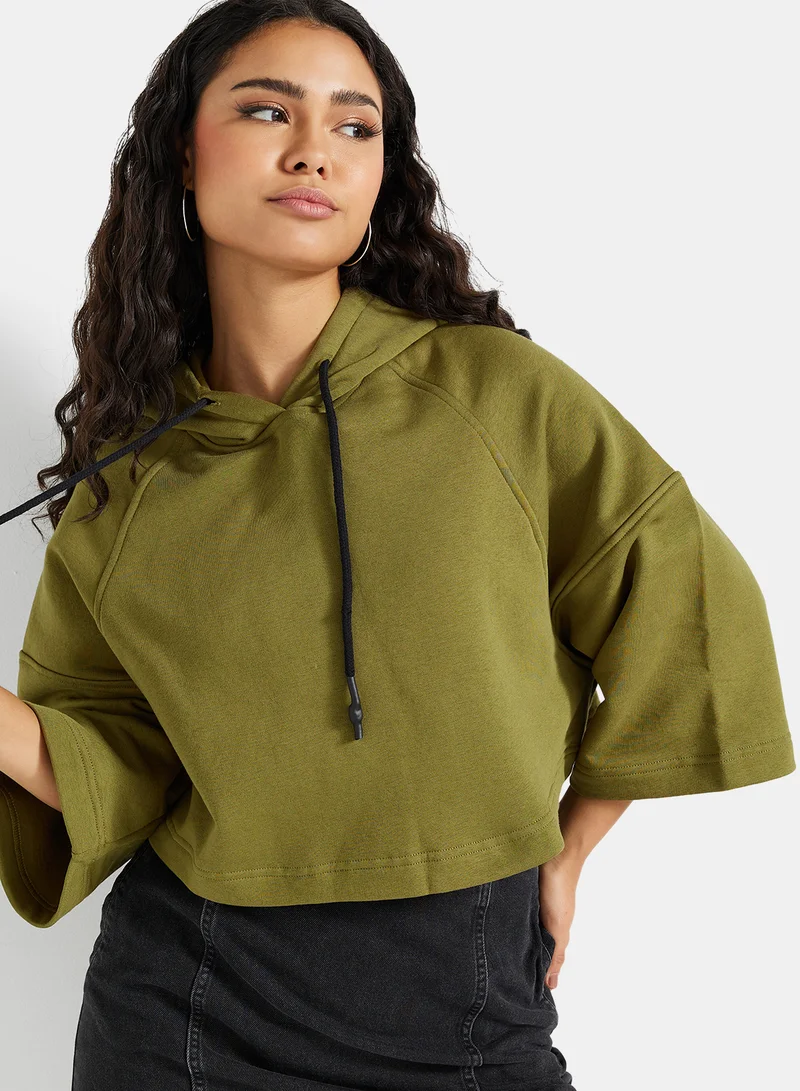 NA-KD Half-Sleeve Cropped Hoodie Green