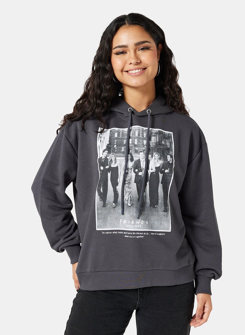 Oversized FRIENDS Printed Hoodie Grey