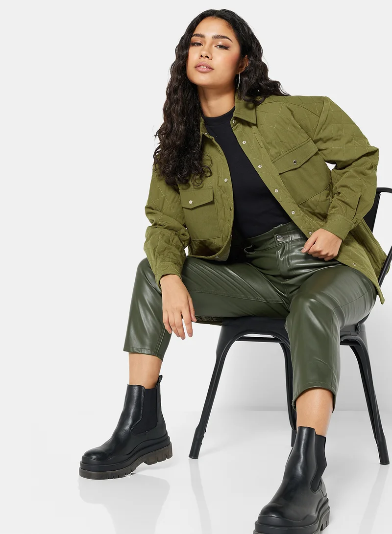 NA-KD Quilted Oversized Shirt Jacket Green